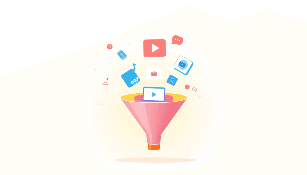 Stylized webinar funnel with icons for courses, videos, and products flowing through emitting light rays, symbolizing growth and automation on a bright backgrou