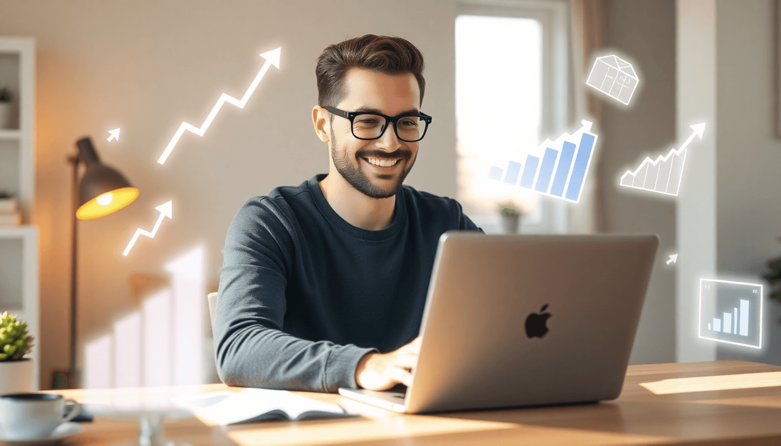 Entrepreneur working on laptop at cozy home office, surrounded by floating digital marketing icons and graphs, warm natural light creating an inviting atmospher