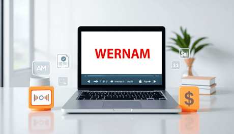 A bright, modern webinar setup with a laptop showing an online course, surrounded by icons for video, learning materials, and monetization symbols.