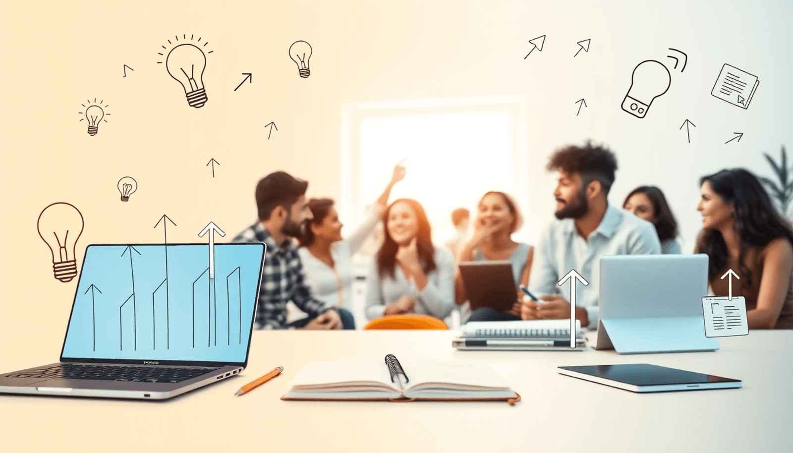 Minimalist workspace with laptop, notebook, tablet, and abstract creativity icons; freelancers collaborating enthusiastically in the background.