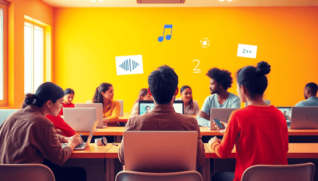 Digital classroom with learners using laptops, tablets, and phones; abstract icons of audio waves and captions symbolize dubbing and subtitles in warm, vibrant 