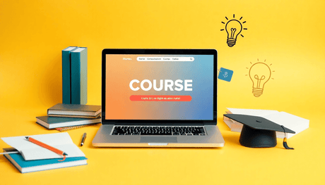 A laptop showing a digital course platform, surrounded by books and notes, with a graduation cap and lightbulb, set against a bright, inviting background.