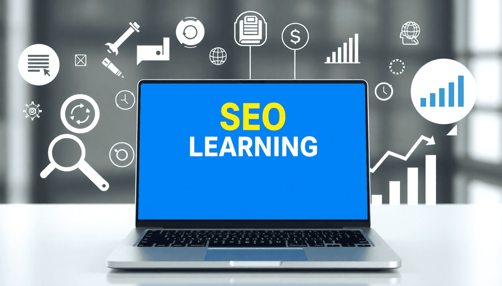 Laptop displaying e-learning platform surrounded by SEO icons like magnifying glass, keywords, and upward trending graphs in a modern digital workspace.