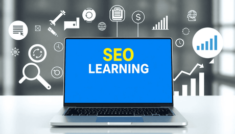 Laptop displaying e-learning platform surrounded by SEO icons like magnifying glass, keywords, and upward trending graphs in a modern digital workspace.