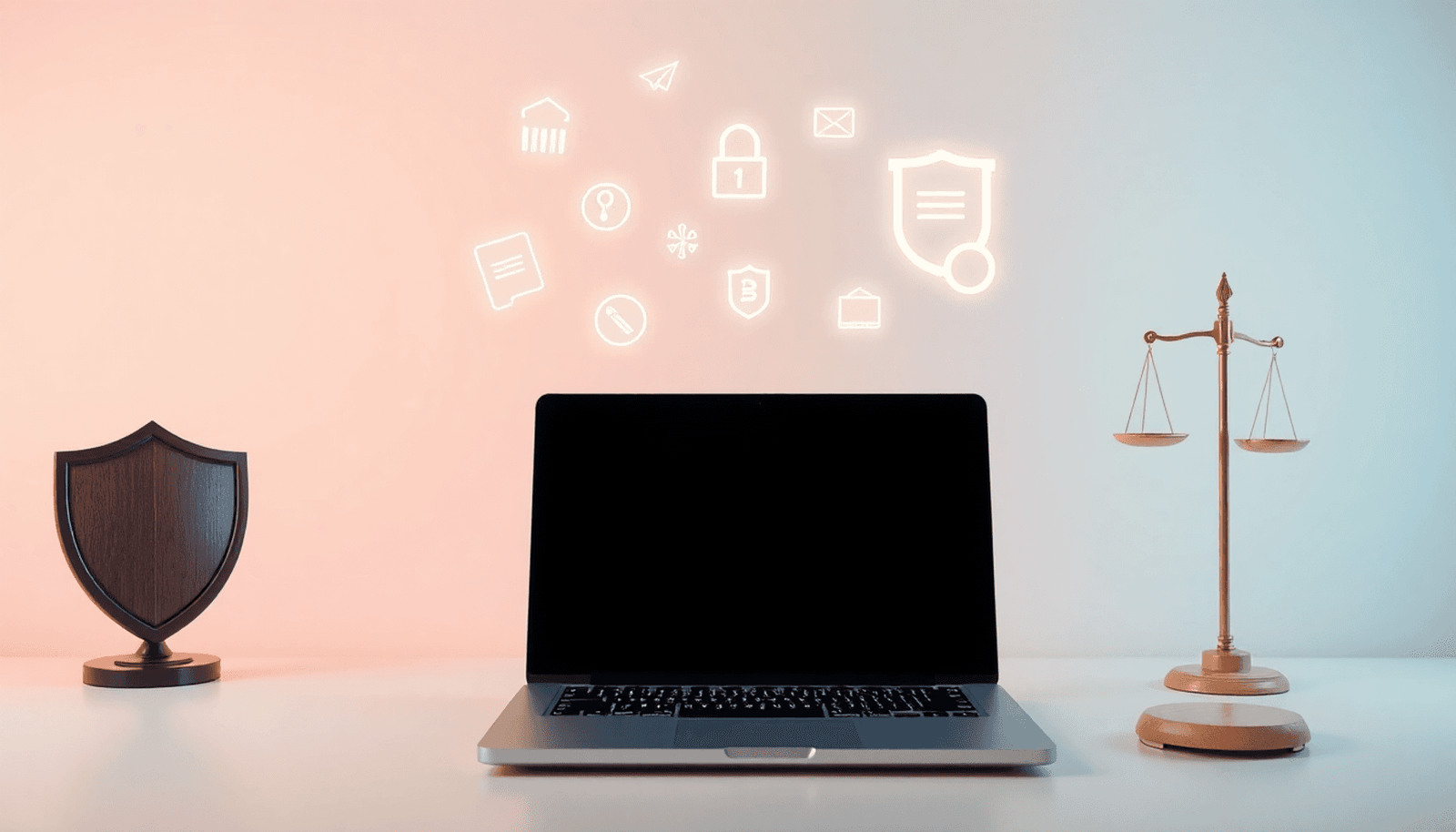 Modern workspace with laptop displaying glowing e-learning icons, surrounded by legal symbols like a shield and scales on a soft gradient background.