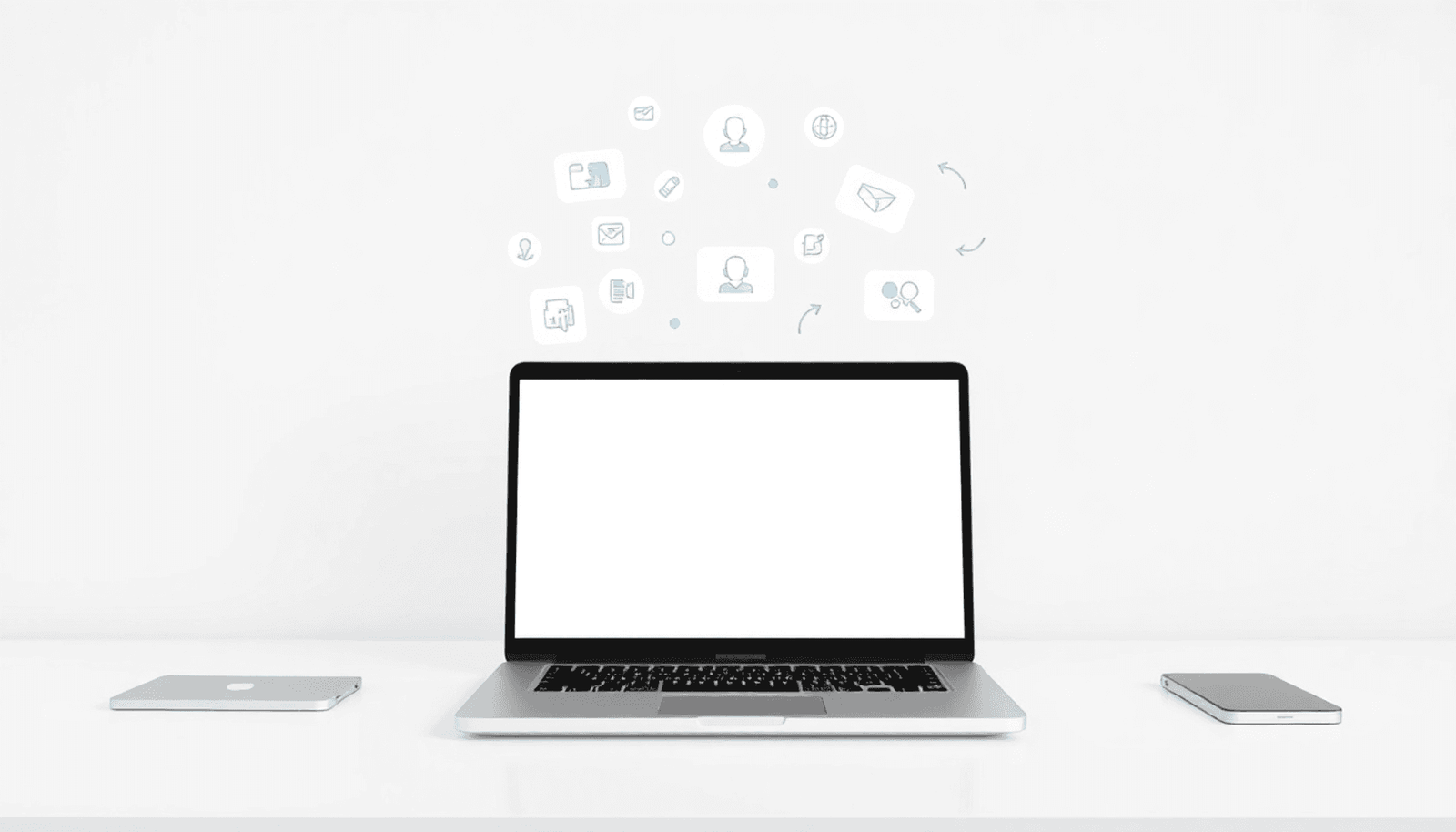 Minimalist workspace with laptop, floating digital course icons, flowing arrows symbolizing smooth refund management and support, on a soft gradient background.