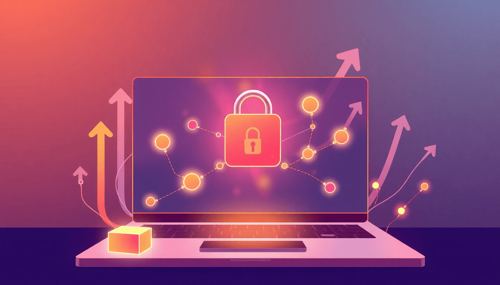 Digital illustration of a secure membership portal with an open lock, interconnected nodes, glowing content blocks, and growth symbols in a warm, minimalist sty