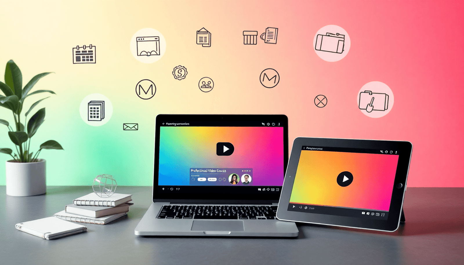 Laptop and tablet showing video courses, surrounded by icons for entrepreneurship, education, and content creation on a clean, vibrant background.