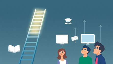 A minimalist illustration of a glowing multi-step ladder with digital course icons and three people looking up, set against a gradient background with upward ar