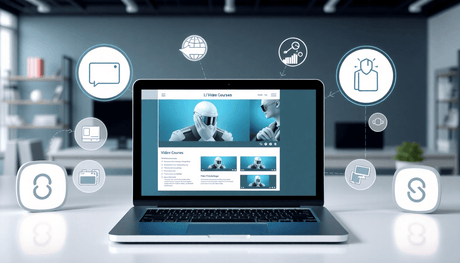 Laptop showing online courses on a modern desk with icons for education, technology, and customization, illustrating high-quality PLR video content use in 2025.