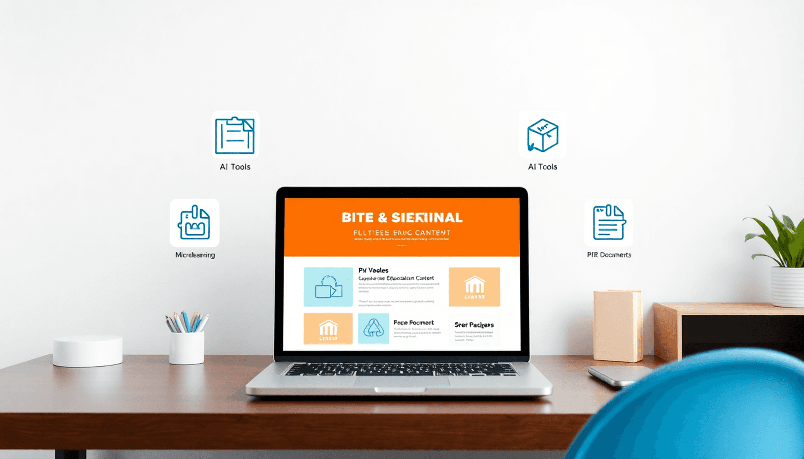 Laptop showing bite-sized learning content, surrounded by icons for AI tools, microlearning, and documents, in a clean, bright minimalist workspace.