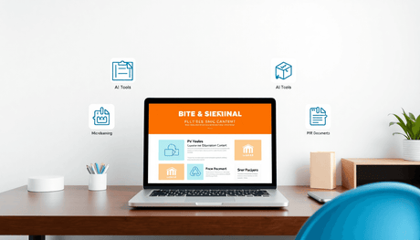 Laptop showing bite-sized learning content, surrounded by icons for AI tools, microlearning, and documents, in a clean, bright minimalist workspace.