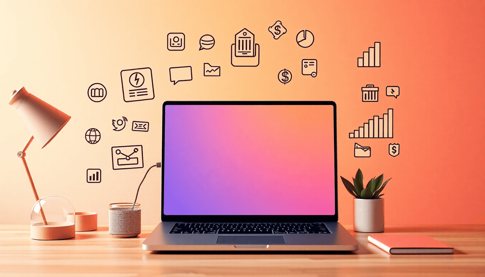 Laptop on a desk with abstract icons of online courses, digital content, and money growth in warm tones, minimalist digital workspace symbolizing entrepreneursh