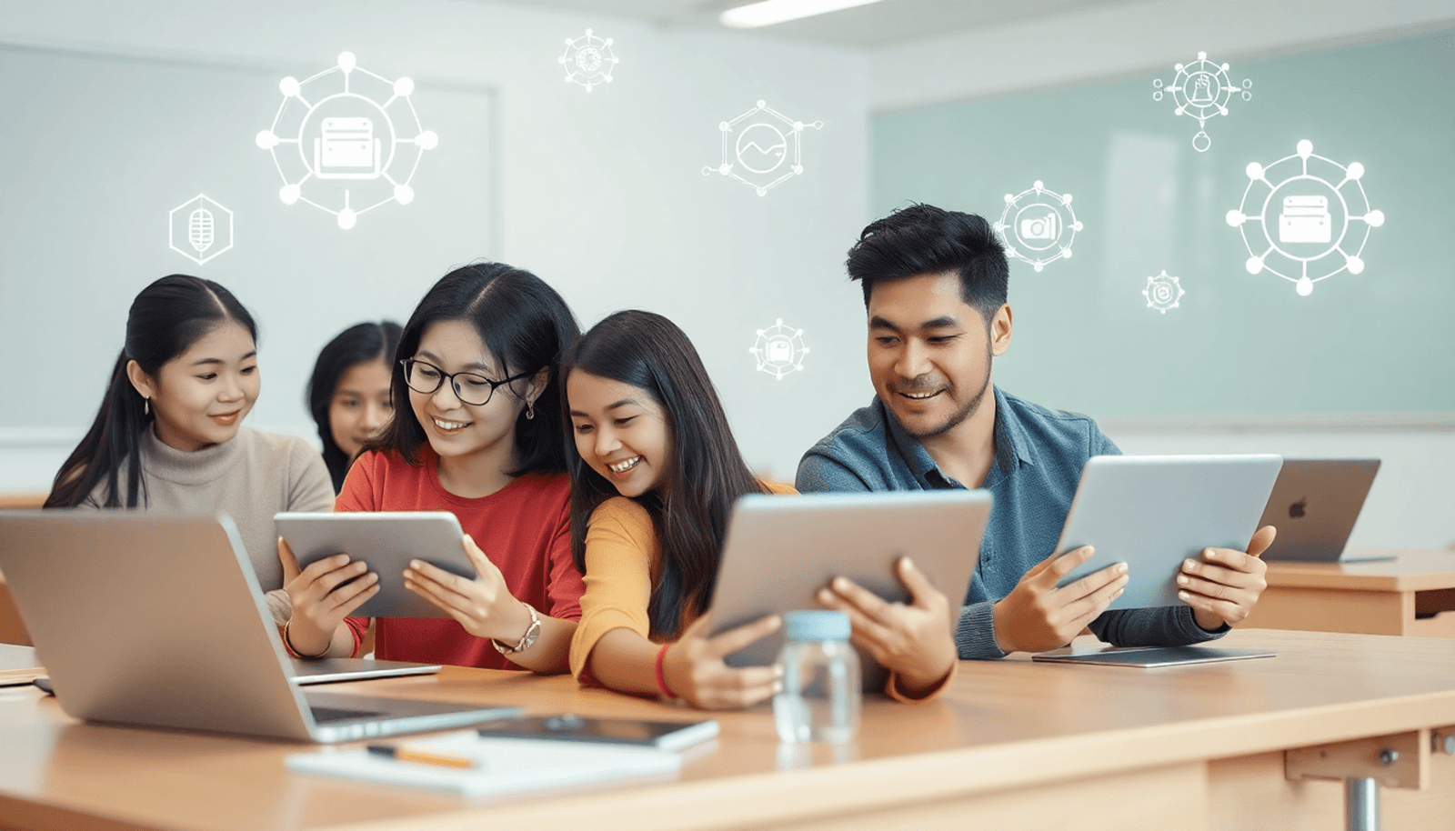 Students using laptops and tablets in a modern digital classroom with floating AI icons and data visualizations, minimalist style.