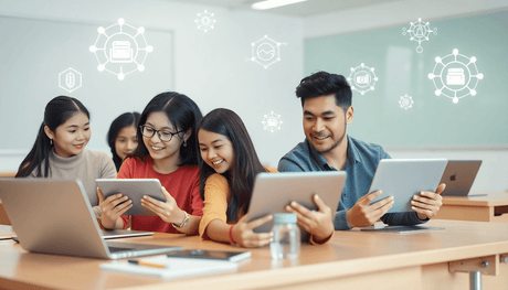 Students using laptops and tablets in a modern digital classroom with floating AI icons and data visualizations, minimalist style.