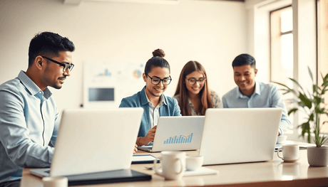 A diverse group of professionals collaborating over laptops in a bright, modern workspace, surrounded by charts and coffee cups, conveying innovation and entrep