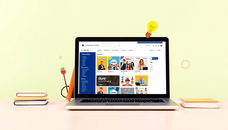 A laptop displaying a vibrant course catalog, surrounded by books and a lightbulb, set against a bright, inviting background symbolizing digital learning opport