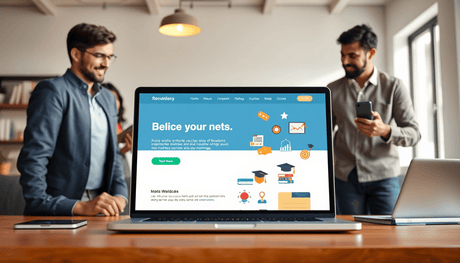 Laptop displaying a modern landing page with educational icons, surrounded by diverse professionals collaborating in a bright, professional environment.