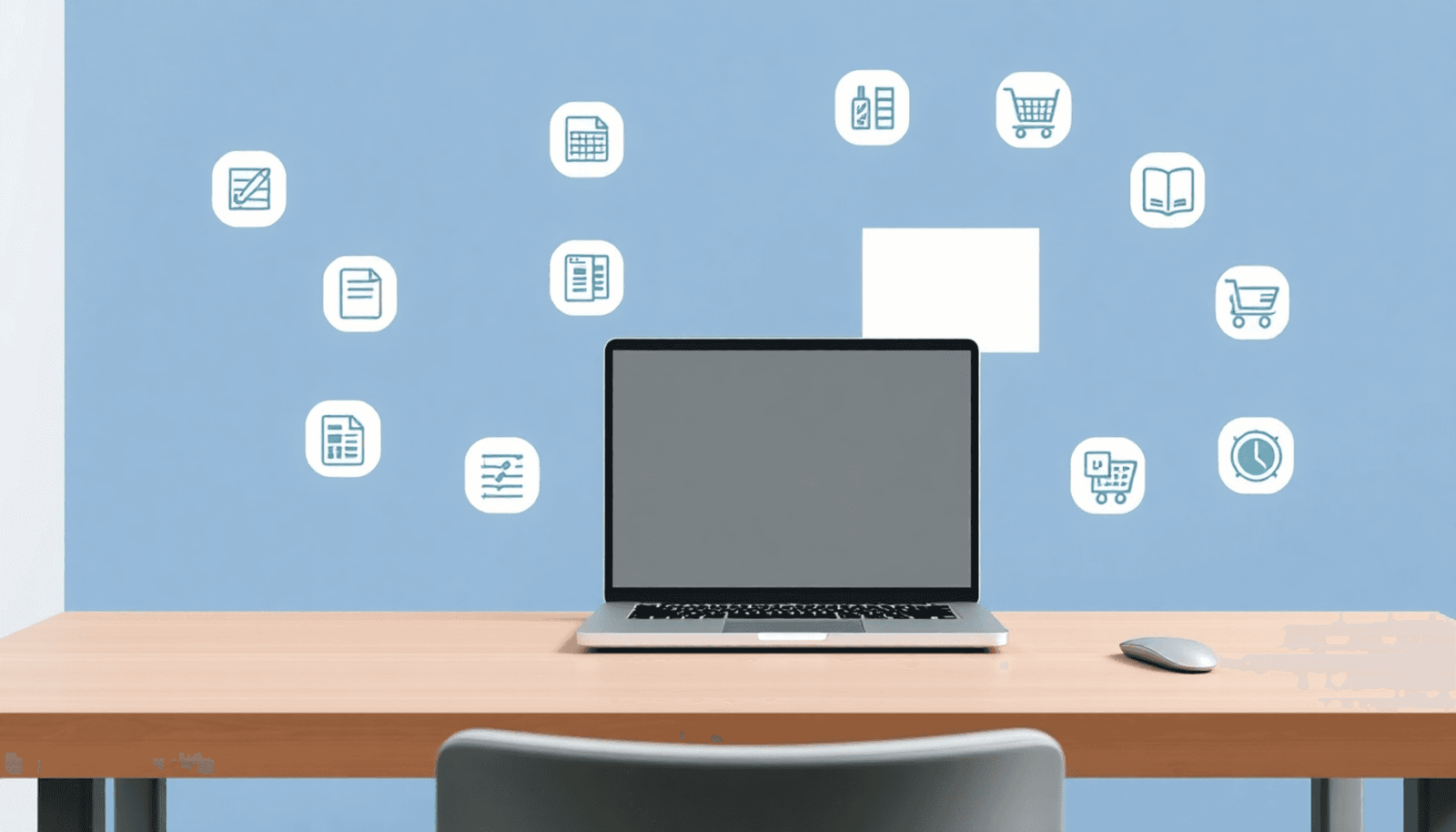 Laptop showing online course interface with icons for negotiation, Excel, eCommerce, and coding in a minimalist digital classroom setup.