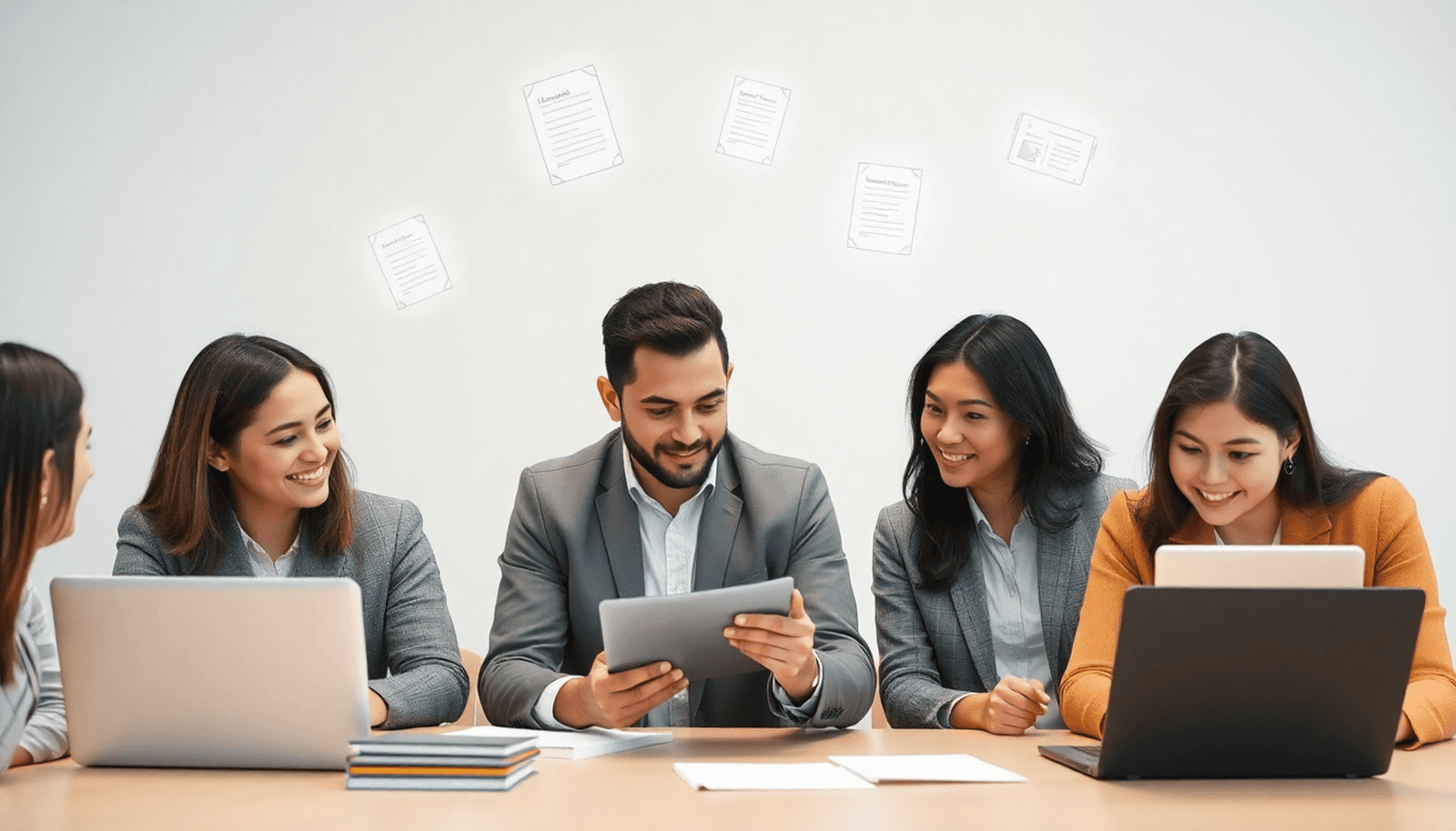 Employees in a corporate training session using laptops and tablets with floating icons of legal documents, certificates, and digital licenses in a minimalist s