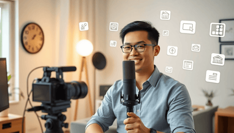 Influencer recording a video course in a home studio with camera, microphone, and digital icons of online learning and monetization around.