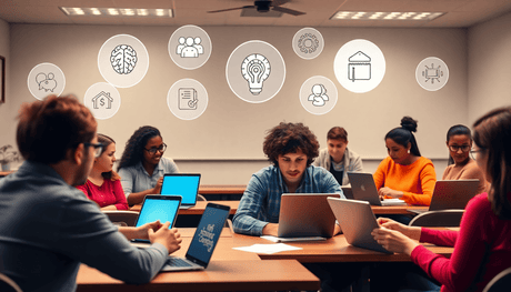 Digital classroom with people using laptops and tablets, surrounded by icons for emotional intelligence, affiliate marketing, and negotiation skills in a minima
