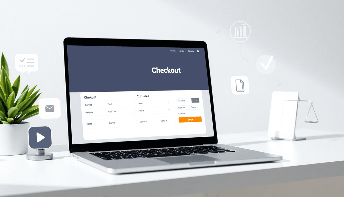 Minimalist digital workspace with laptop displaying checkout page, surrounded by icons for courses and tax compliance, in bright professional colors.