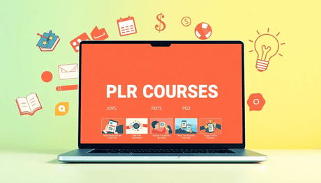 A laptop displaying PLR course thumbnails, surrounded by symbols like a book, dollar sign, and light bulb, set against a bright, inviting background.