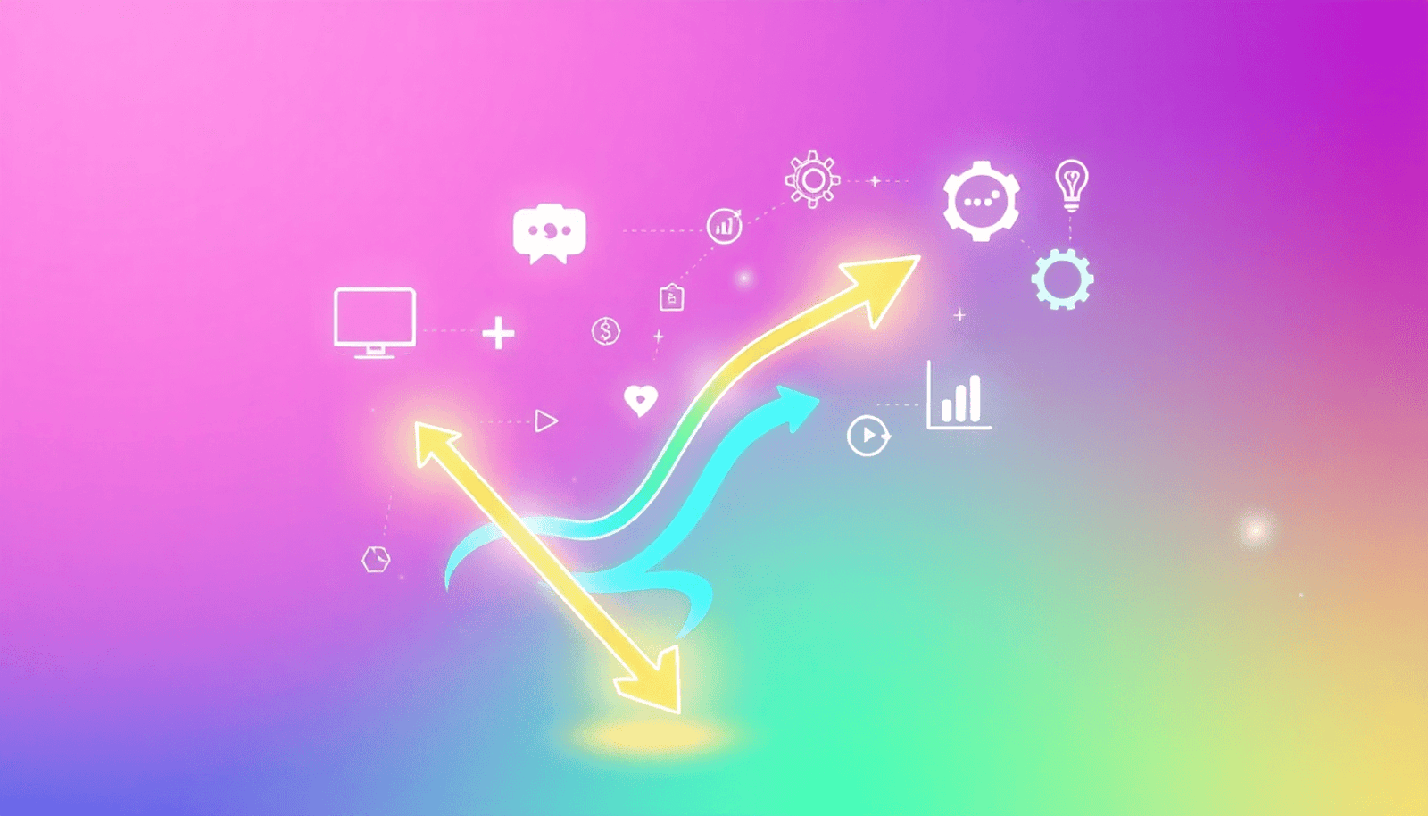 Abstract glowing sales funnel with arrows, surrounded by icons of online courses, automation gears, and data charts on a modern gradient background.