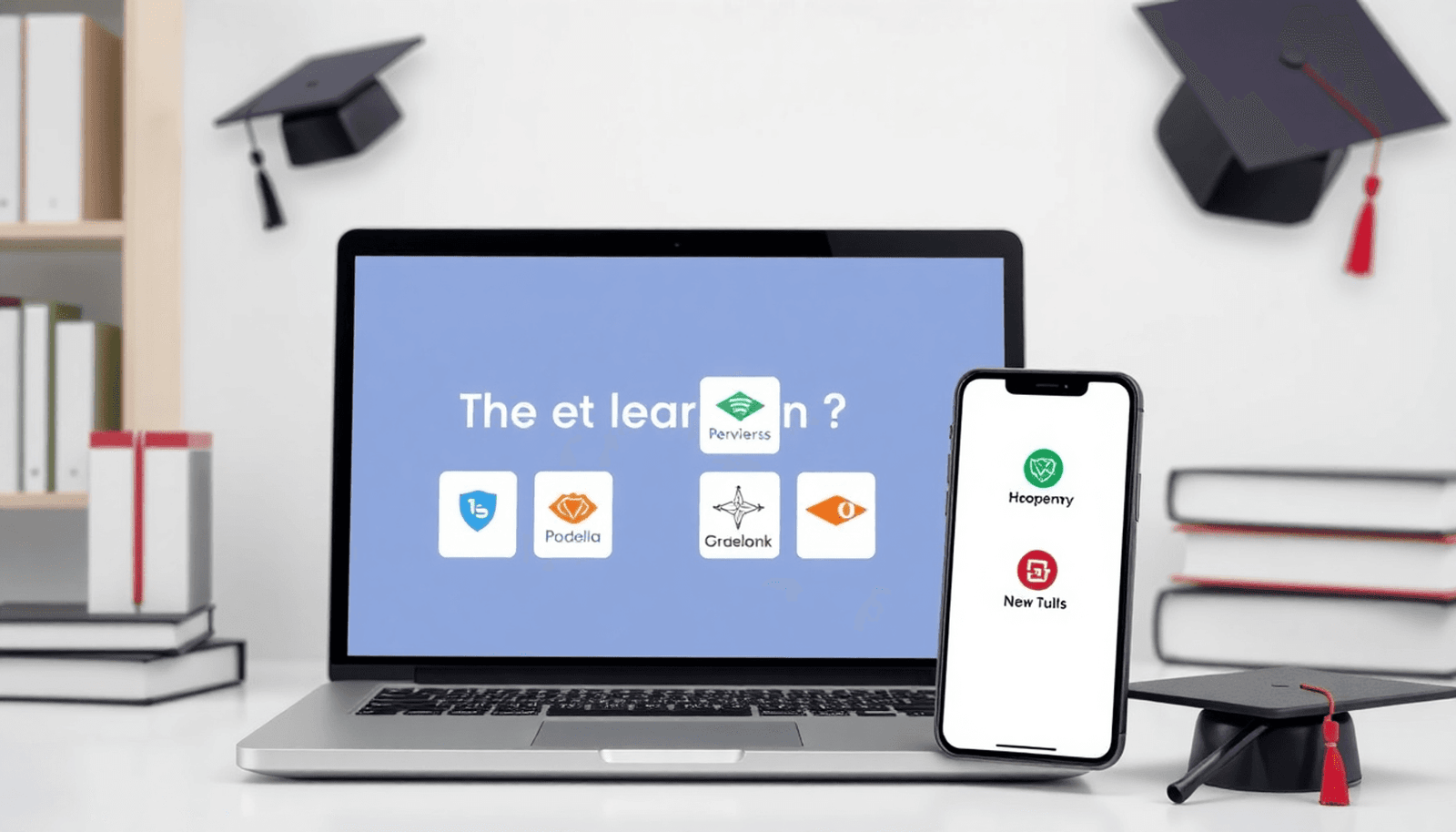 Laptop and smartphone showing a sleek online learning platform, surrounded by educational icons like books and graduation caps in minimalist style.