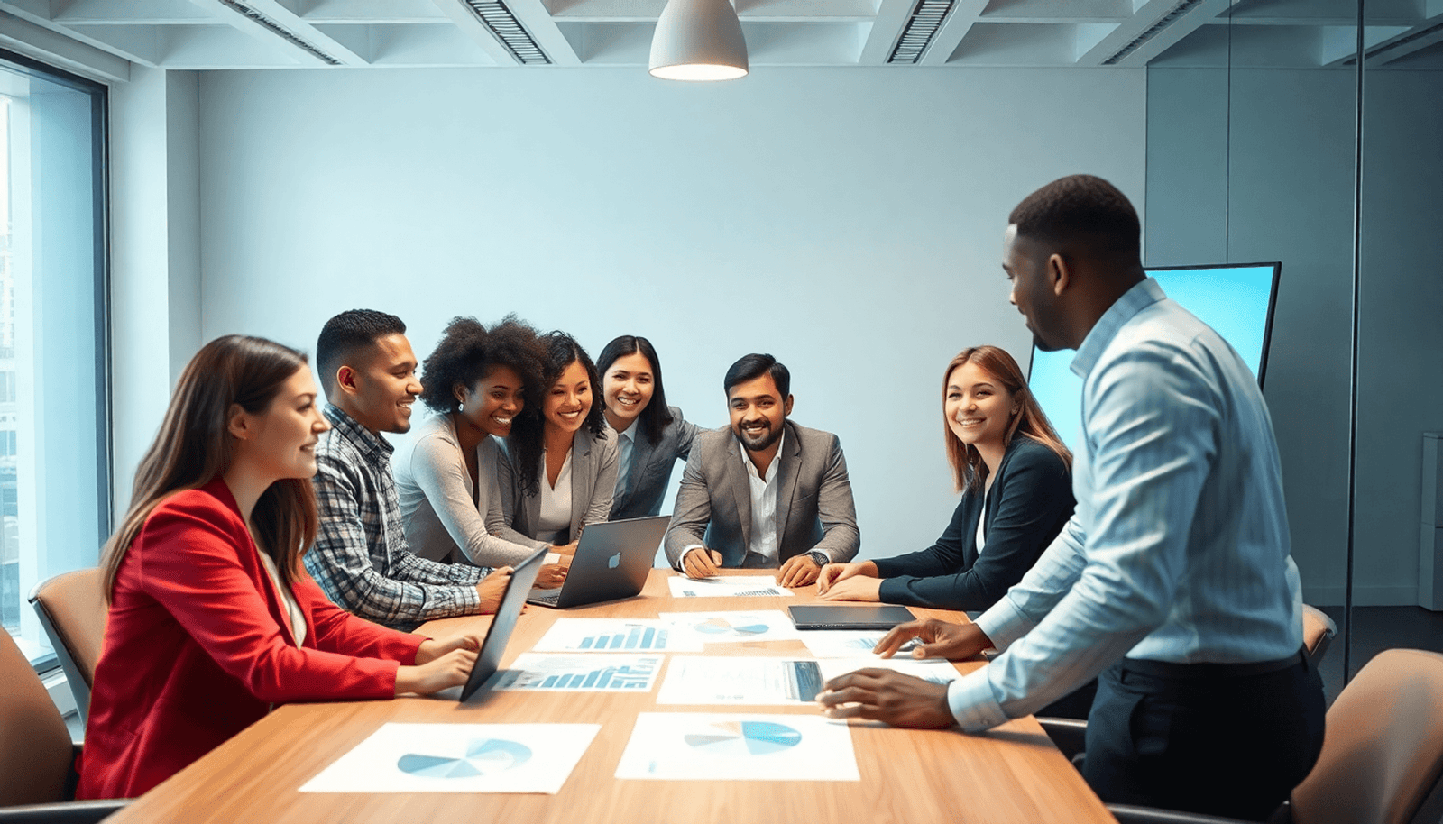 A group of professionals collaborating around a table with digital devices and charts in a bright, modern office, symbolizing teamwork and growth.