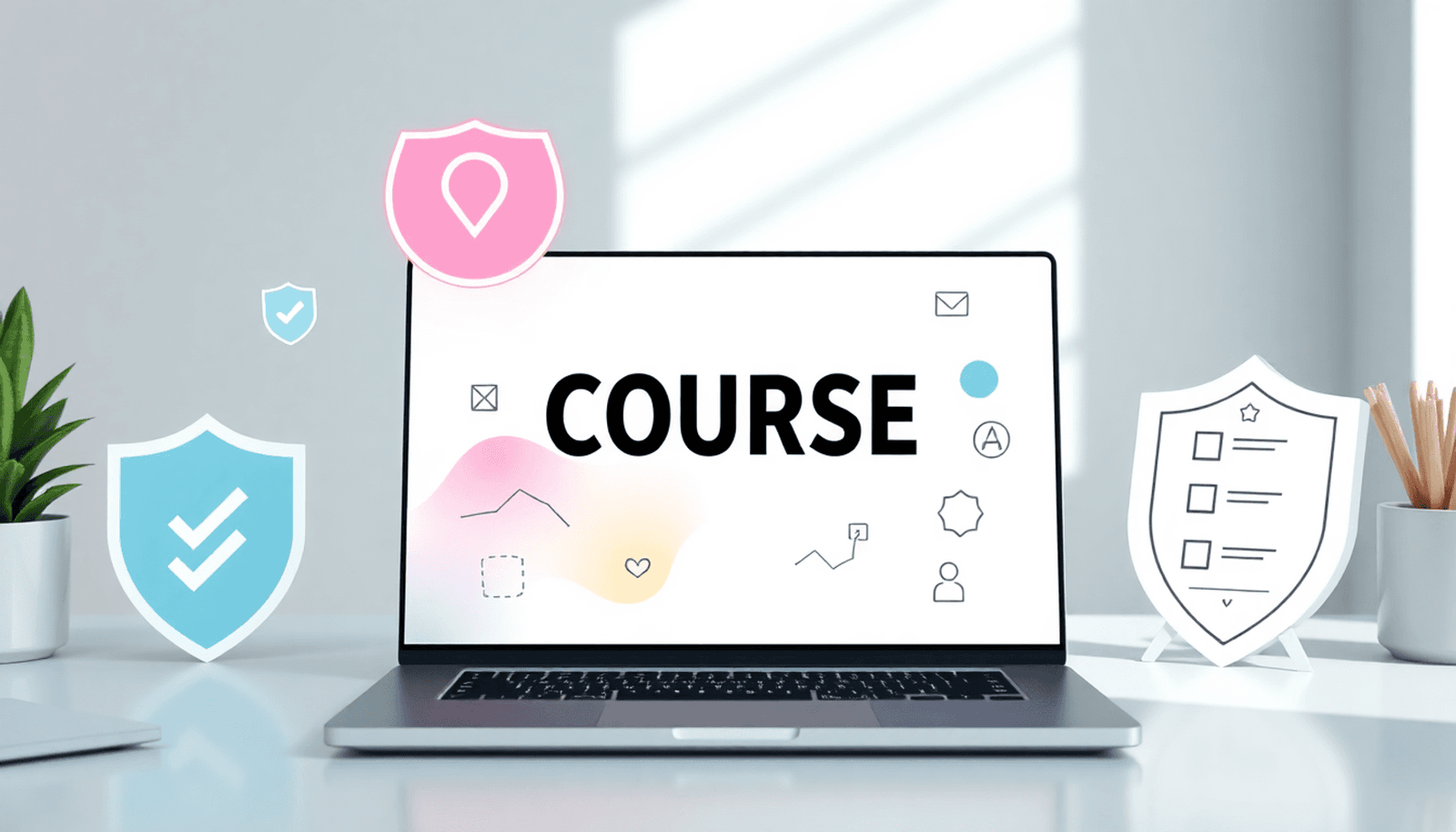 Modern workspace with laptop showing abstract course symbols, surrounded by checklists and compliance icons like shields and checkmarks in a minimalist style.