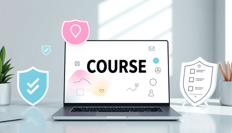 Modern workspace with laptop showing abstract course symbols, surrounded by checklists and compliance icons like shields and checkmarks in a minimalist style.