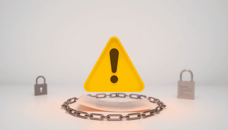 Caution symbol surrounded by digital documents, legal icons, and subtle chains on a clean background, symbolizing vigilance in licensing decisions.