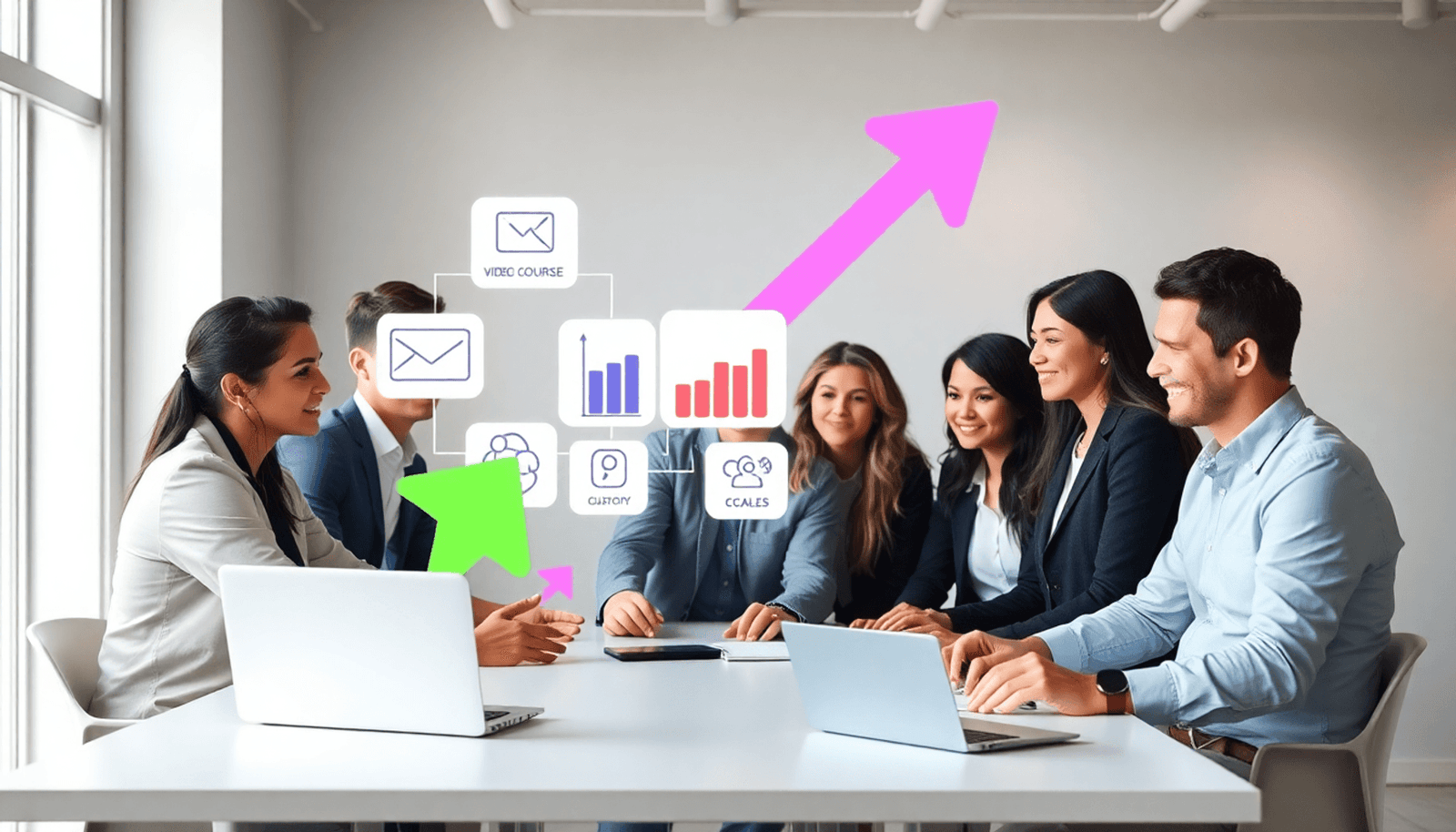 Team collaborating in a bright modern office with digital devices showing icons for video courses, customization, and growth amid vibrant abstract shapes.