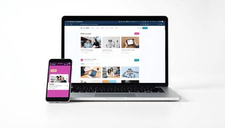 Sleek laptop and smartphone showing online courses with chatbot icons on a bright, clean background in a minimalist digital learning setup.
