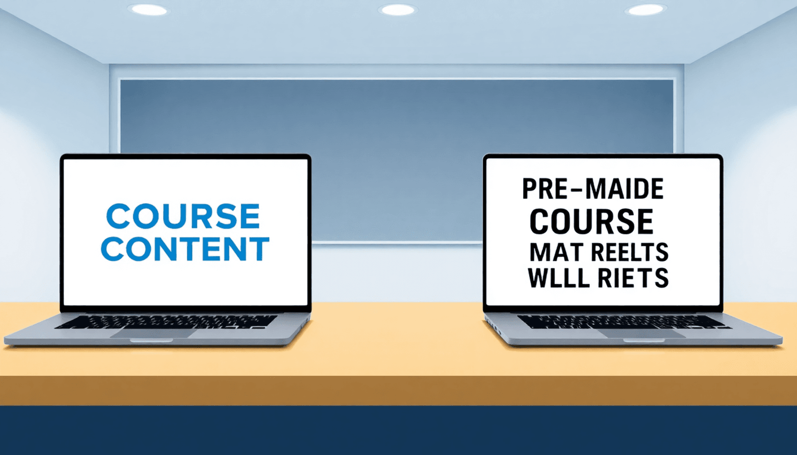 Modern digital classroom with laptop showing AI-generated content and printed course materials, bright minimalist design with education and tech icons.