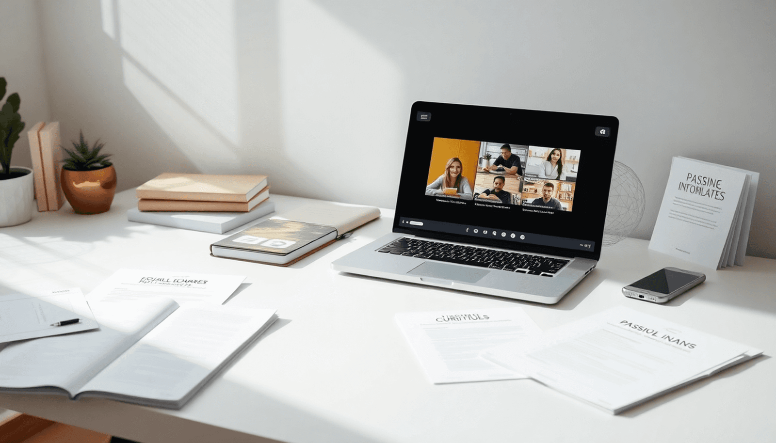 Bright minimalist workspace with laptop showing educational videos, surrounded by digital lesson plans and curriculum guides, symbolizing passive income.