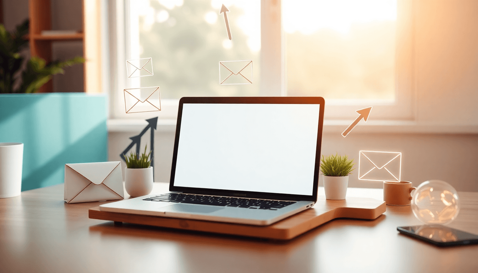 A minimalist workspace with a laptop, digital marketing icons, growth arrows, and soft natural light, conveying productivity and online business success.