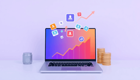Modern workspace with laptop showing floating digital icons, growth symbols like arrows and coins, on a clean background symbolizing online education and sales.