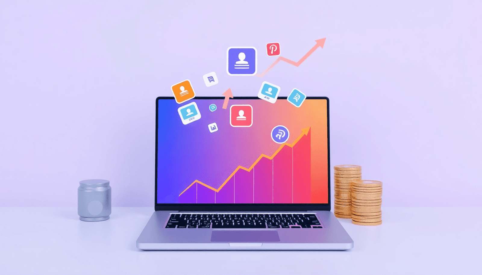 Modern workspace with laptop showing floating digital icons, growth symbols like arrows and coins, on a clean background symbolizing online education and sales.
