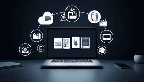 Minimalist digital workspace with laptop showing eBooks and courses, surrounded by icons of content creation, branding, and scalability for PLR business concept