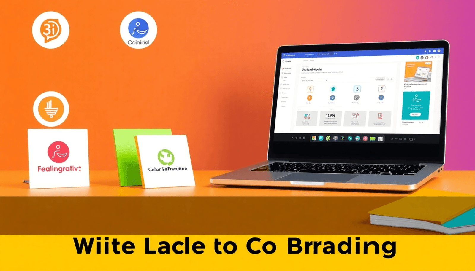 Modern laptop showing an online learning platform interface with logos and color swatches, representing white label and co-branding in e-learning.