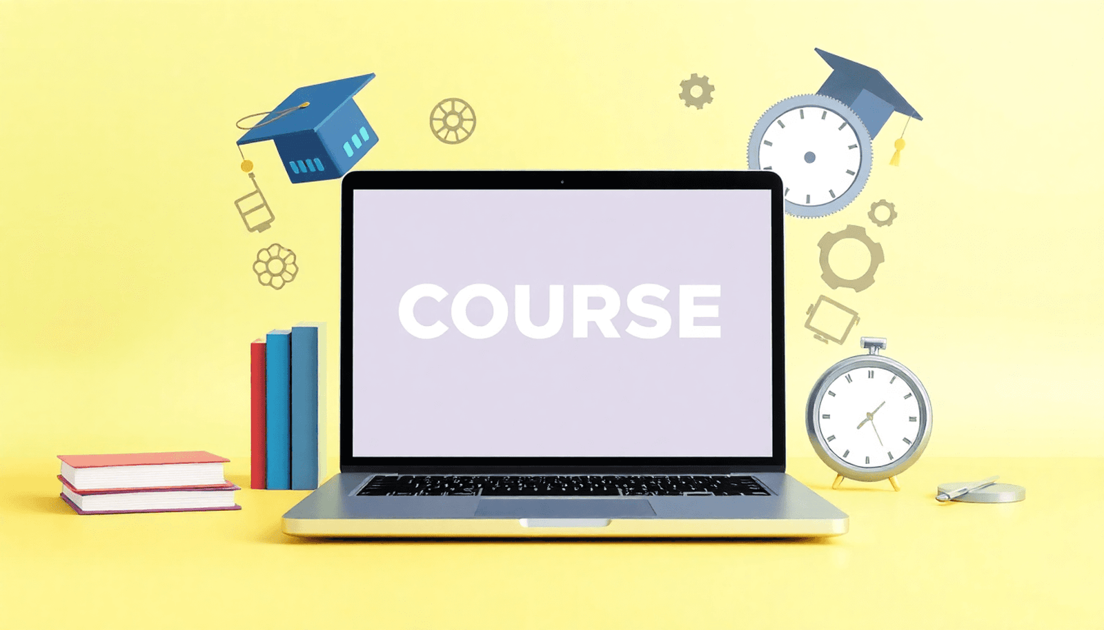 A minimalist image of a laptop showing an online course platform, surrounded by books, a graduation cap, and symbols of efficiency like a winged clock and smoot