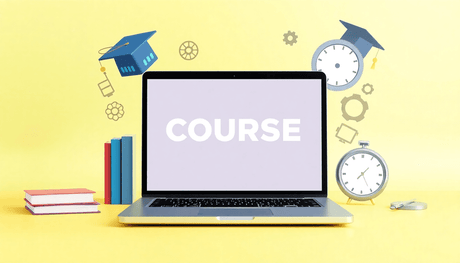 A minimalist image of a laptop showing an online course platform, surrounded by books, a graduation cap, and symbols of efficiency like a winged clock and smoot