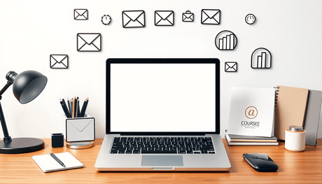 A laptop on a desk with digital marketing symbols like email icons and course materials, set against a bright, inviting background in a minimalist style.