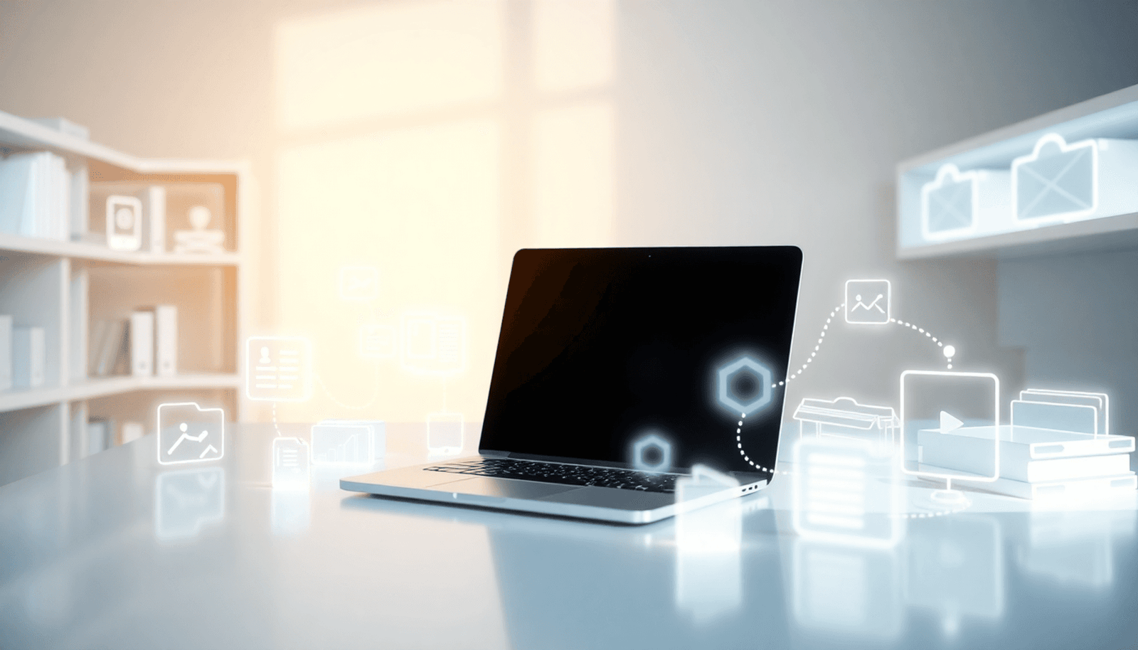A sleek laptop with glowing folders and abstract icons for ebooks, videos, and courses connected by soft light beams in a clean, modern digital workspace.