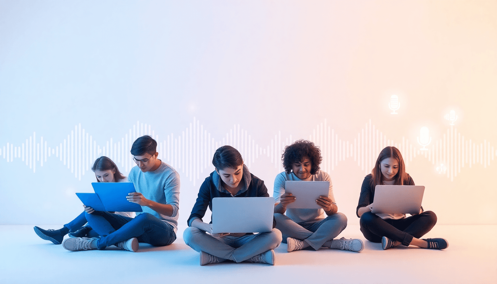 People using laptops and tablets in a bright, modern digital learning space with glowing icons and abstract sound waves symbolizing audio technology.