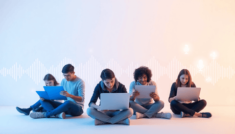 People using laptops and tablets in a bright, modern digital learning space with glowing icons and abstract sound waves symbolizing audio technology.
