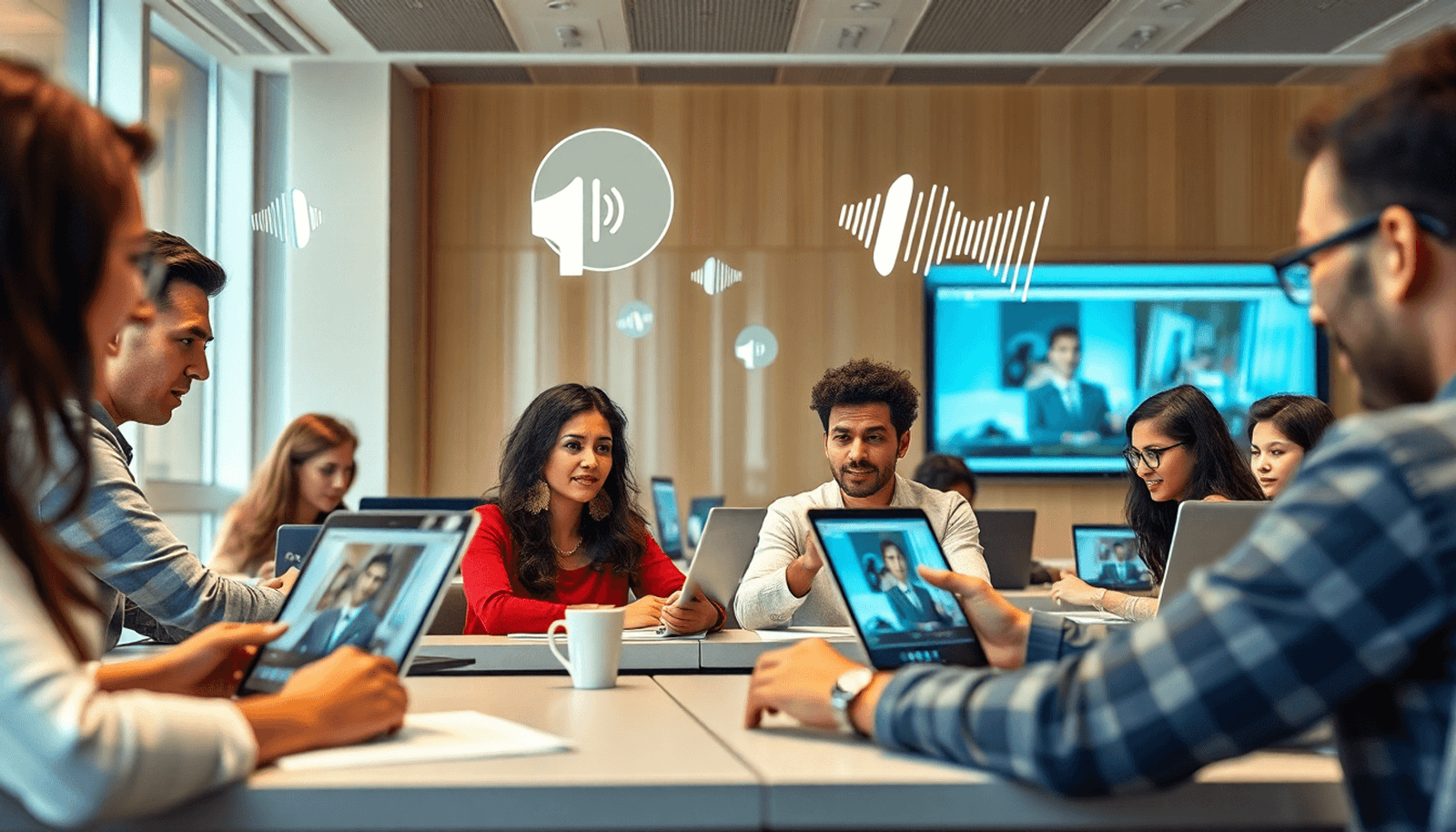 Students using laptops and tablets in a modern classroom with floating AI voicewave icons symbolizing tech-enhanced learning.